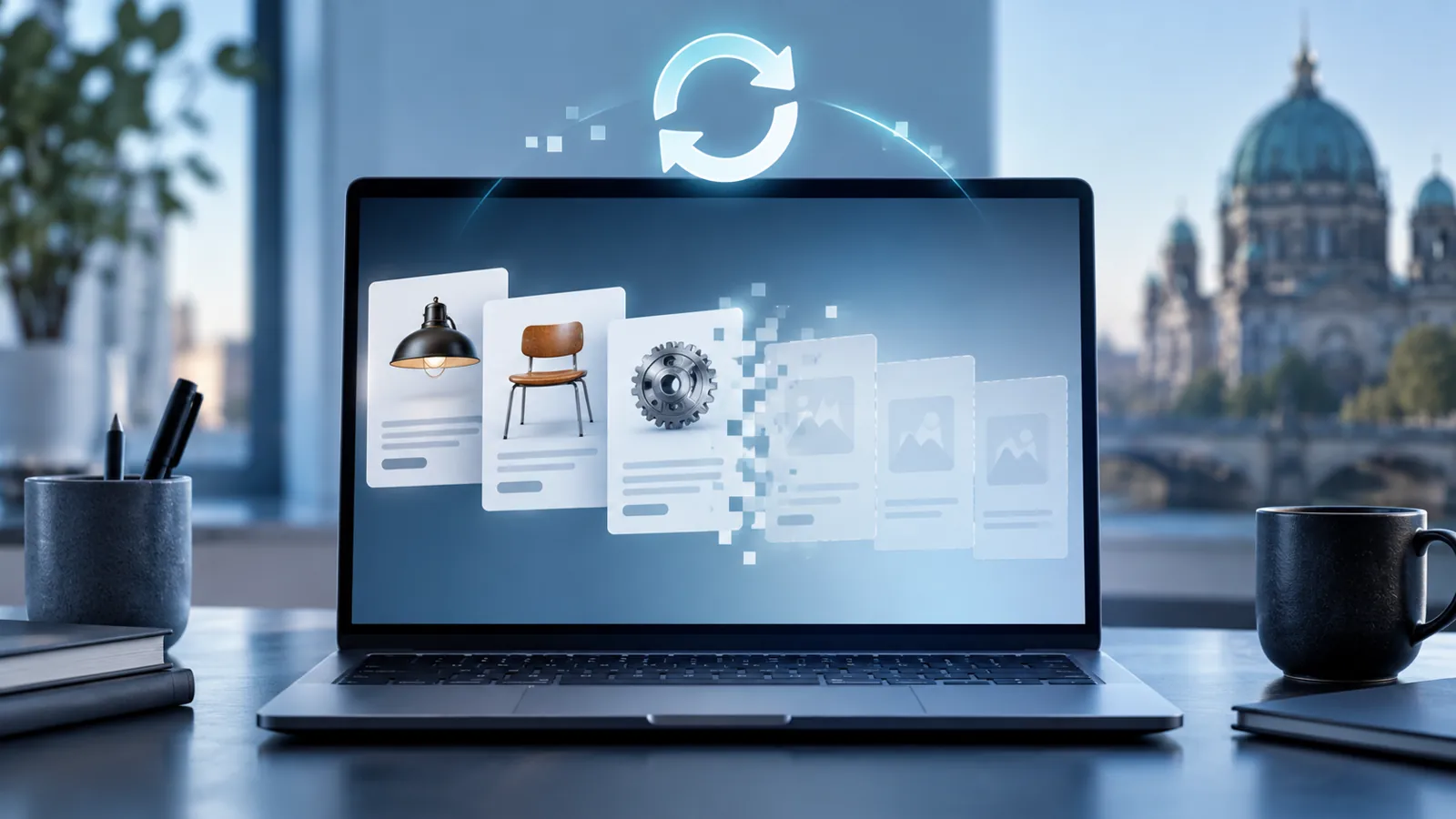Laptop mit symbolisch ausgeblendeten Produktkarten und Aktualisierungszeichen