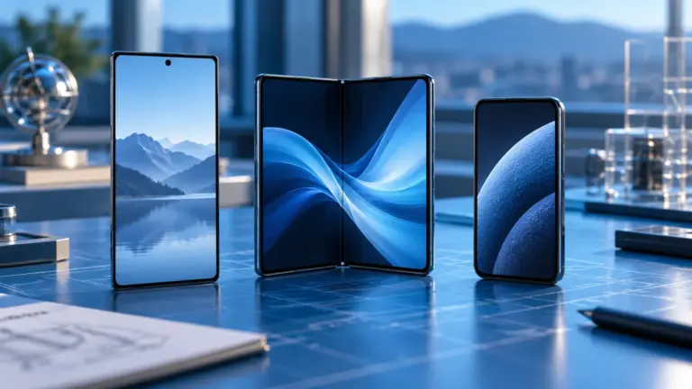 Drei neutrale Smartphone-Formen einschließlich eines Faltgeräts als Symbol für Geräteentwicklung
