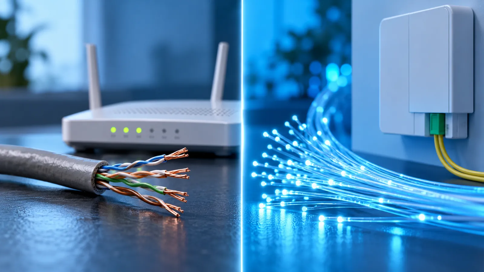 Kupferleitung mit Router und Glasfaseranschluss im symbolischen Vergleich