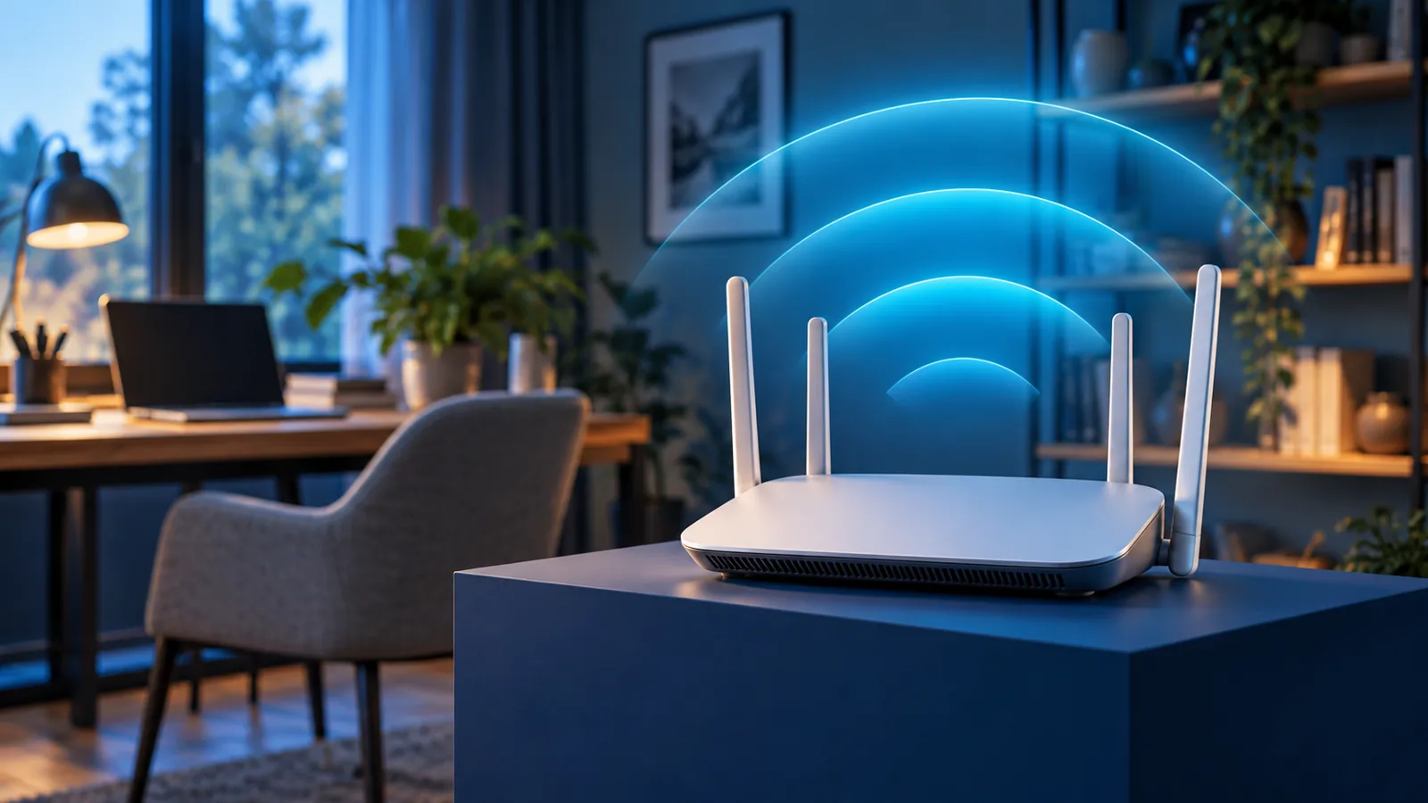 Neutrales WLAN-Router-Symbolbild vor einem häuslichen Arbeitsplatz