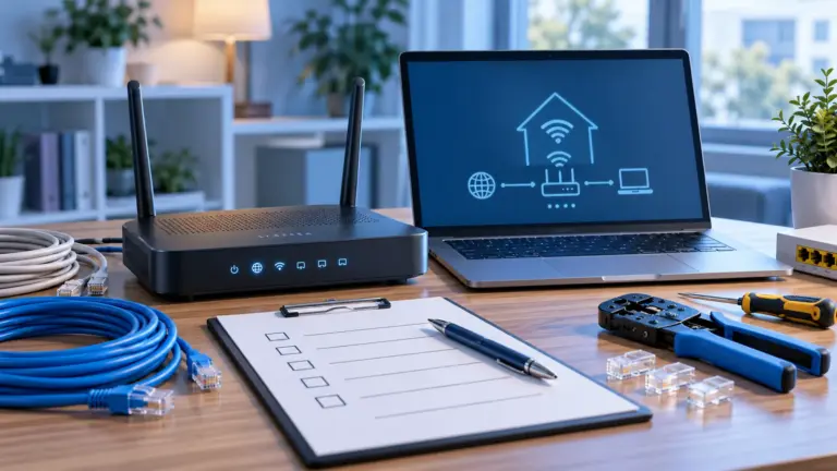 Router, Laptop und Anschlusswerkzeug auf einem Schreibtisch als Symbol für Unterstützung bei der Internetinstallation