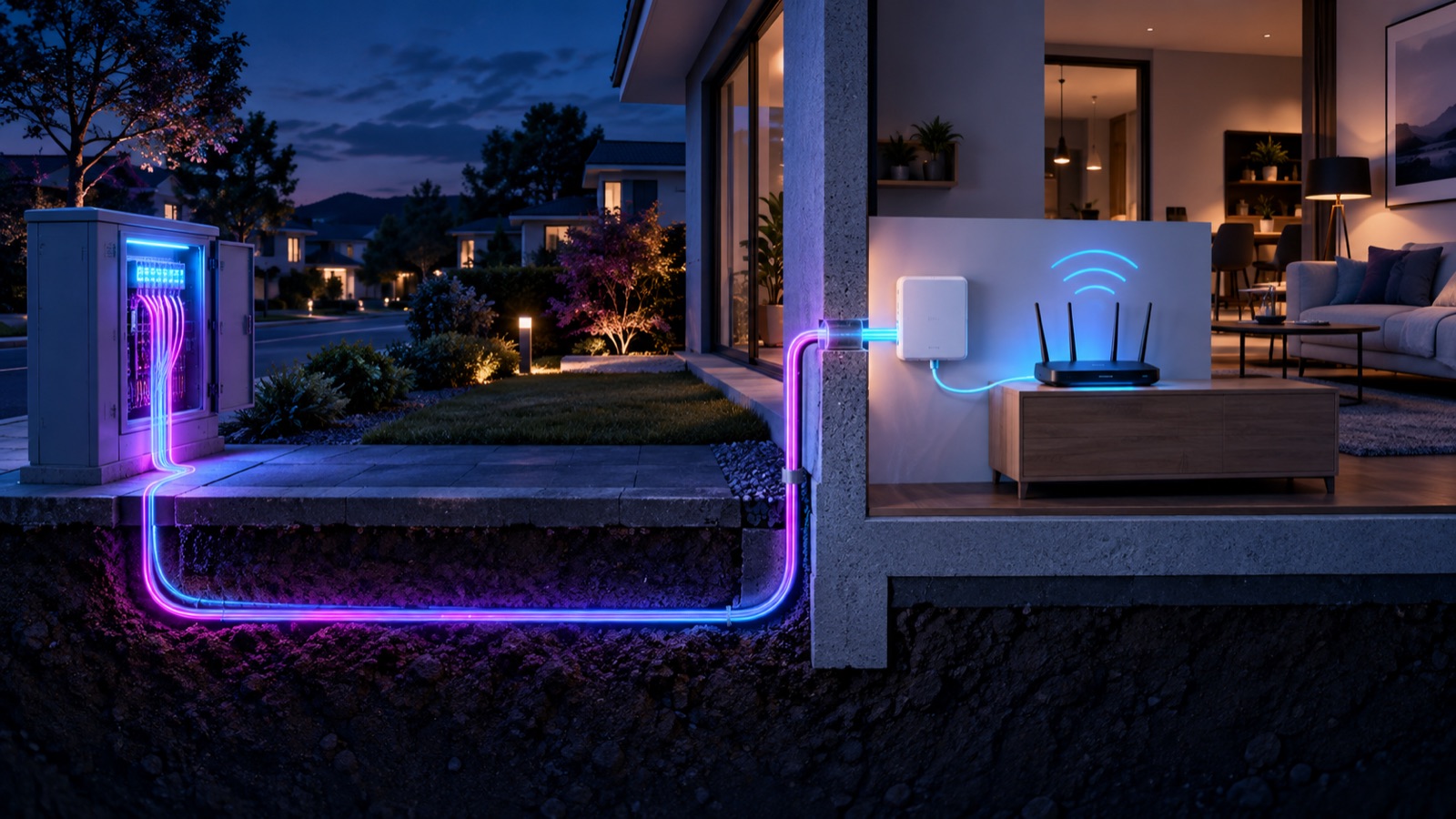 Glasfaserverbindung vom Straßenverteiler über den Hausanschluss bis zum WLAN-Router
