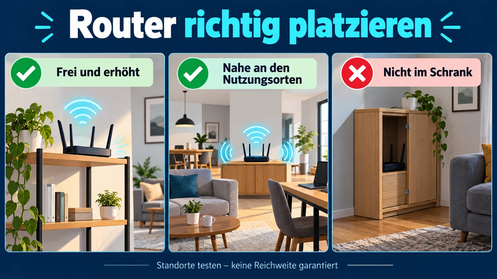 Infografik: Router frei und erhöht nahe den Nutzungsorten aufstellen, nicht im Schrank