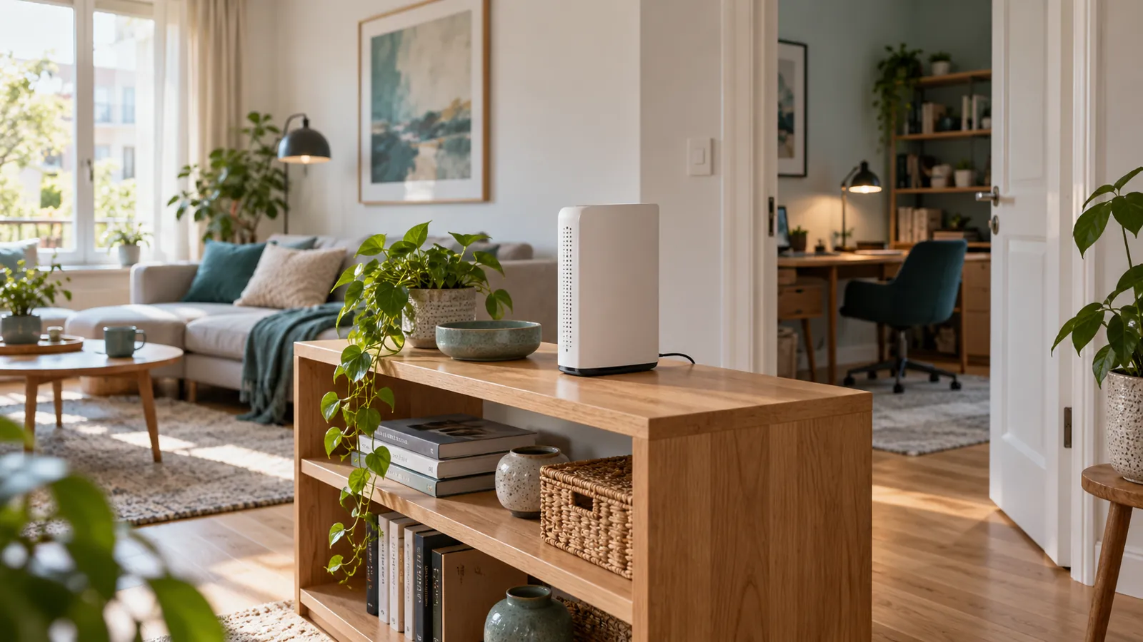 Freistehender WLAN-Router auf einem offenen Holzregal zwischen Wohnbereich und Arbeitszimmer